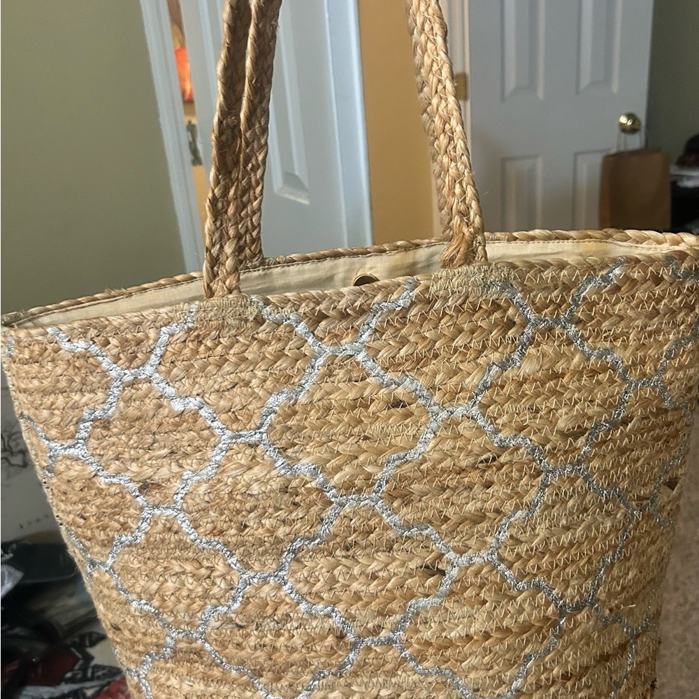 Elegant Tan and Silver Patterned Tote Bag